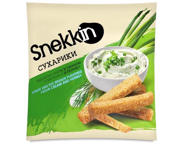 Сухарики житньо-пшеничні SNEKKIN Сметана із зеленню 110 г Аврора фото