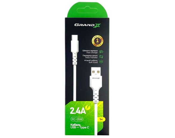 Кабель USB-Type-C Grand-X PC-05W білий 1 м в інтернет-магазині Аврора