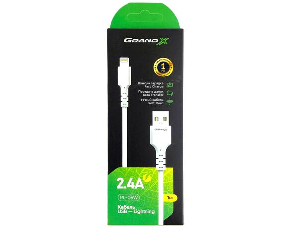 Кабель USB-Lightning Grand-X PL-05W білий 1 м Аврора недорого