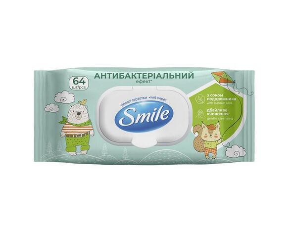 Серветки вологі антибактеріальні Smile з соком подорожника і клапаном 64 шт/уп Аврора ціна