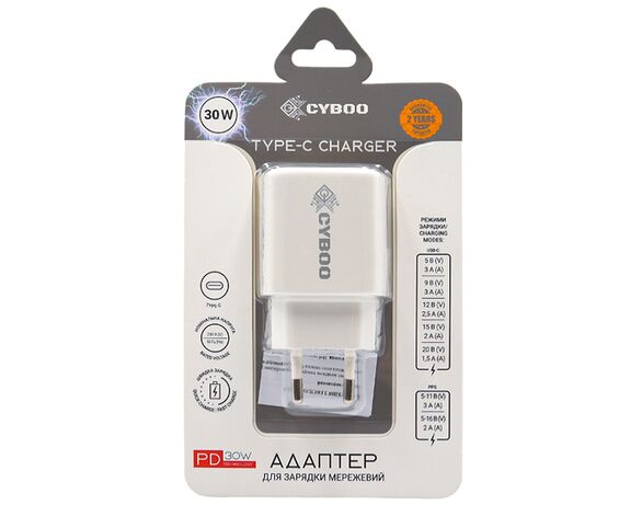 Адаптер для зарядки мережевий Cyboo Type-С 30 Вт Аврора каталог