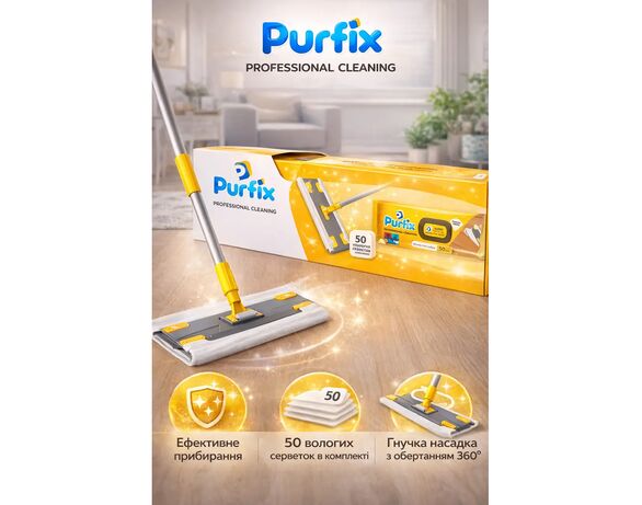 Набір для прибирання підлоги Purfix: швабра, серветки вологі 50 шт/уп Аврора картинка 7 відгуки