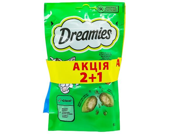 Ласощі для котів DREAMIES Сир, лосось + котяча м'ята 60 г х 3 шт/уп. Аврора вартість