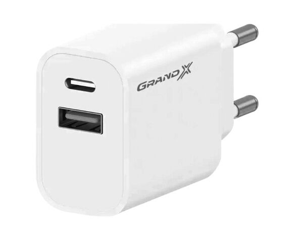 Адаптер зарядний мережевий Grand-X CH-21W USB-A+Type-C білий Аврора каталог