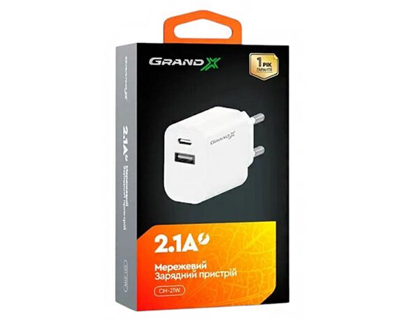 Адаптер зарядний мережевий Grand-X CH-21W USB-A+Type-C білий Аврора картинка 4 купити