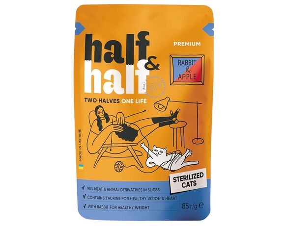 Корм для стерилізованих котів Half&Half з кроликом та яблуками в желе, пауч 85 г Аврора дешево
