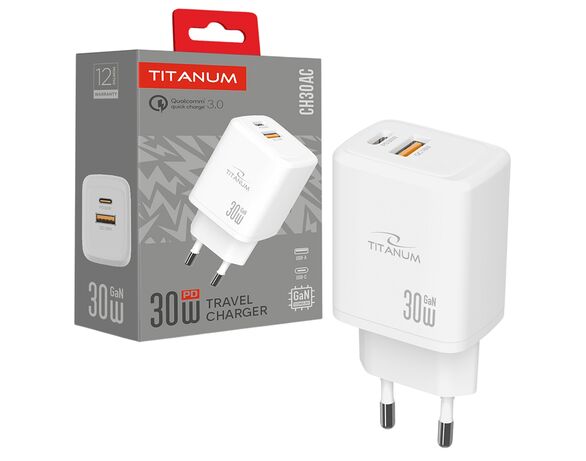 Адаптер зарядний TITANUM CH30AC GaN USB-A+USB-C білий Аврора недорого