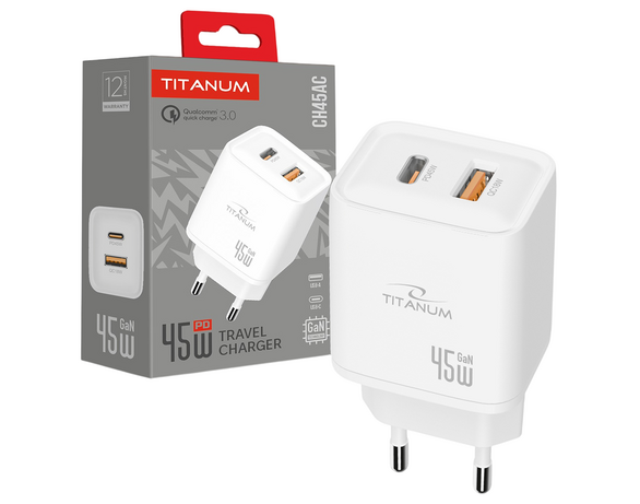 Адаптер зарядний TITANUM CH45AC GaN USB-A+USB-C білий Аврора фото